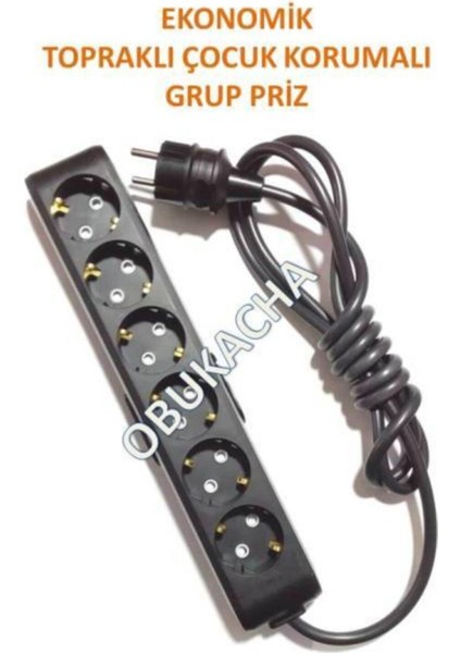 Ekonomik Siyah 6'lı Topraklı Çocuk Korumalı Grup Priz 5 Metre Kablo
