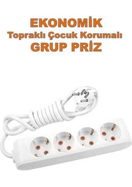 Ekonomik 4'lü Grup Priz Topraklı Çocuk Korumalı 7 Metre Kablo