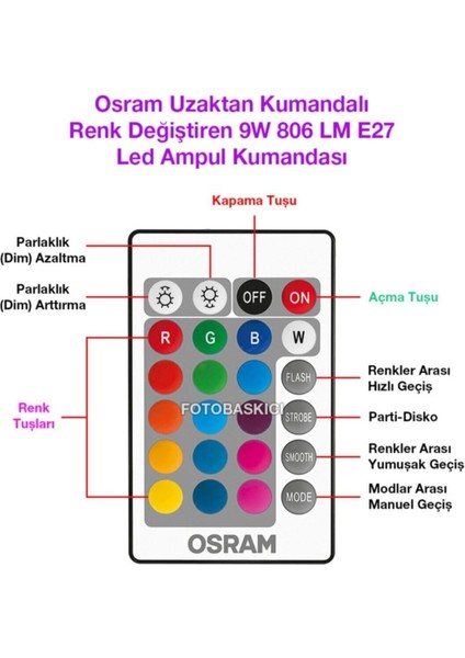 LED Uzaktan Kumandalı Renk Değiştiren 9W 806 Lm E27 Ampul