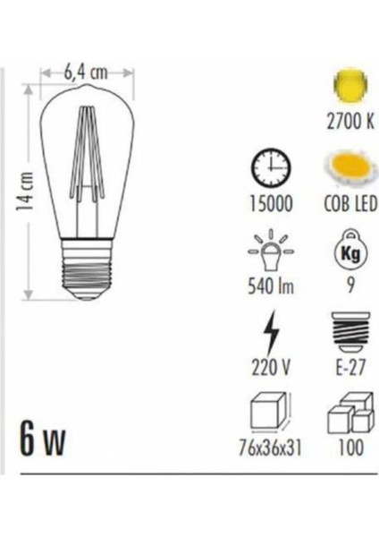 6W Rustik LED Ampul E27 5 Adet Amber Renkli Ct 4284