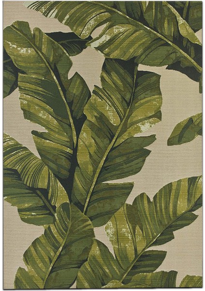 yeşil Yaprak Temalı Bej Dijital Baskı Dekoratif Dokuma Taban Halı Mira 1281