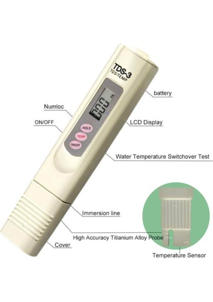 Tds Metre Su Kalitesi Ölçüm Cihazı Su Saflık Ölçer + Pil