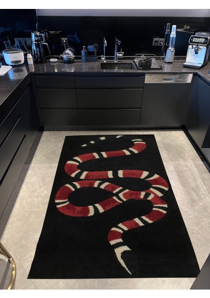 siyah Bordo Yılan Temalı Dekoratif Dokuma Taban Halı Mira 1272
