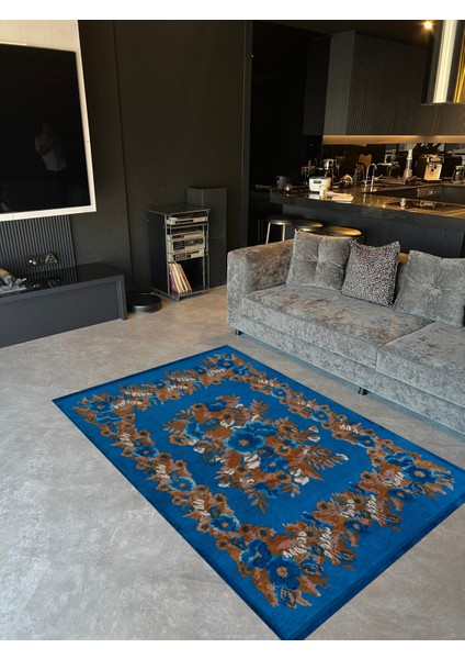 karabağ Taba Mavi Çiçek Desenli Dekoratif Dokuma Taban Halı Mira 1263