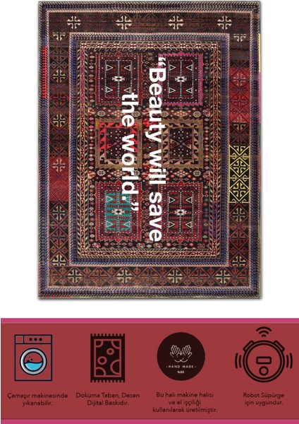 mira 1244 Vintage Beauty Will Yazılı Çok Renkli Dokuma Taban Halı