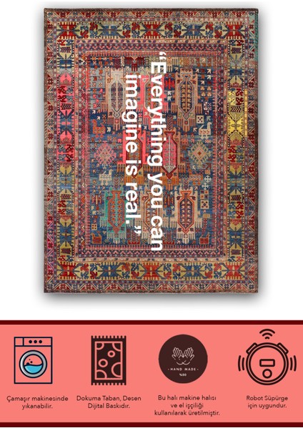 mira 1243 Vintage Everything Yazılı Çok Renkli Dokuma Taban Halı