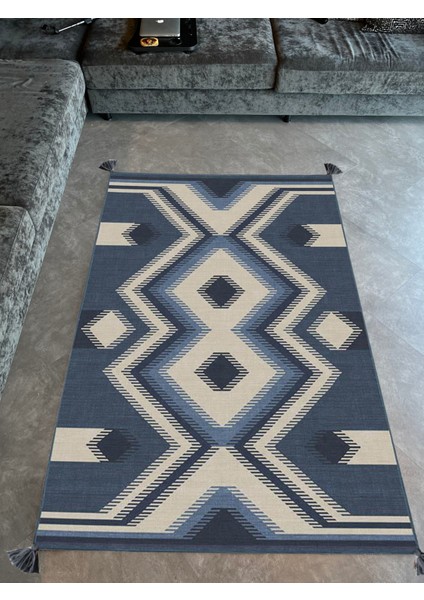 mira 1179 Mavi Lacivert Ikat Etnik Desenli Püsküllü Dokuma Taban Halı fiyatları