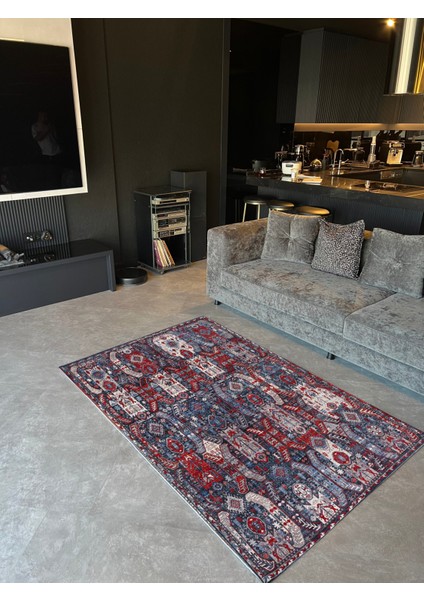 mira 1241 Etnik Lacivert Kırmızı Baskılı Dokuma Taban Halı