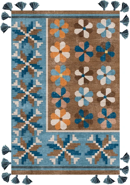 Rugs Modern mira 1144 Kahve Turkuaz  Etnik Çiçek Temalı Saçaklı Dokuma Taban Halı