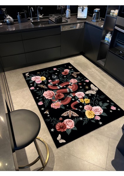 mira 1140 Siyah Yılan ve Çiçek Temalı Dokuma Taban Halı