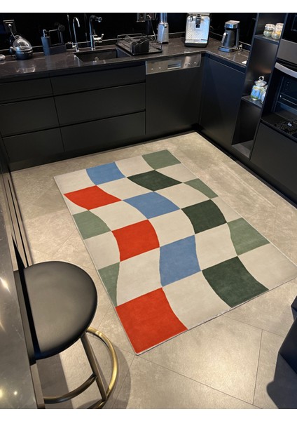 mira 1101 Yeşil Mavi Kırmızı Dama Temalı Renkli Dokuma Taban Halı