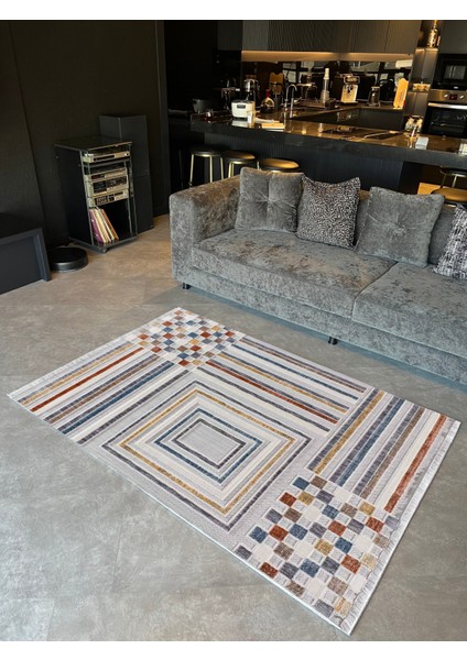 mira 1091 Açık Gri Geometrik Desen ve Dama Temalı Dokuma Taban Halı