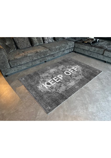 mira Keep Off Yazılı Vintage Siyah Gri 2120 Dokuma Taban Halı modelleri
