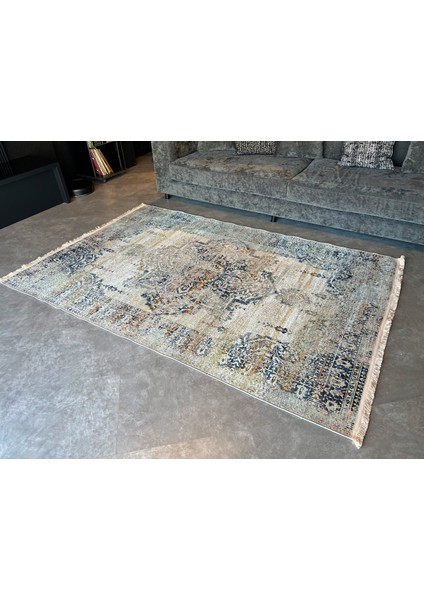 Rugs Modern Mira Bej Lacivert 2106 Vintage Eskitme Tarz Dokuma Taban Halı