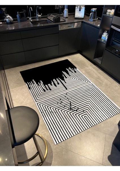 Mira 1121 Siyah Beyaz Çizgili Geometrik Dokuma Taban Halı