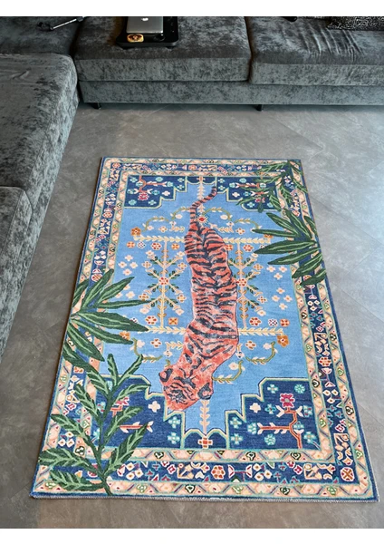 Rugs Modern mira 1112 Mavi Leopar Etnik ve Botanik Temalı Dokuma Taban Halı