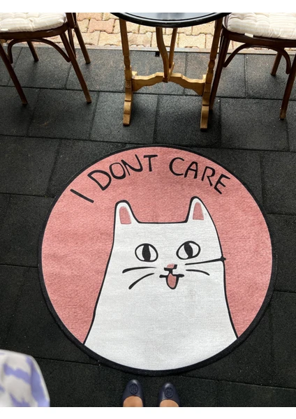 Rugs Modern Mira 1067 I Don't Care Yazılı Kedi Figürlü Yuvarlak Dokuma Taban Halı