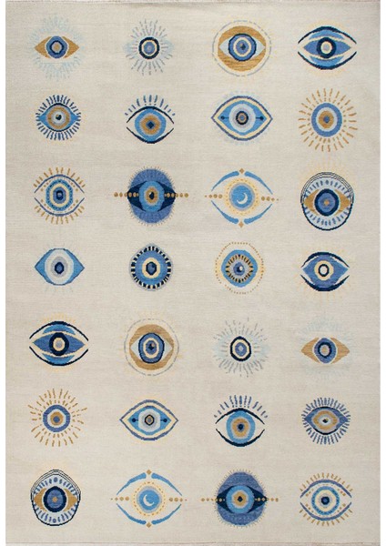 mira 1050 Bej Nazar Dikdörtgen Mavi Göz Temalı Dokuma Taban Halı