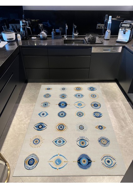 mira 1050 Bej Nazar Dikdörtgen Mavi Göz Temalı Dokuma Taban Halı fiyatları