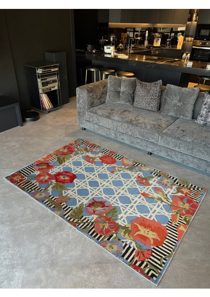 mira 1038 Mavi Gelincik Temalı Dokuma Taban Halı