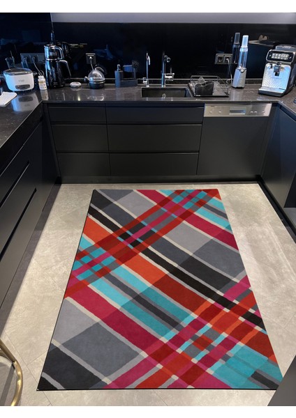 mira 1047 Ekose Fuşya Turuncu Gri Çok Renkli Dokuma Taban Halı