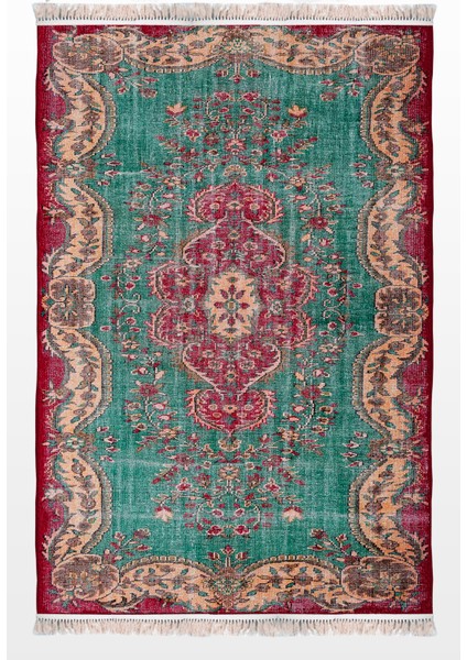 Mira Vintage Eskitme Tarzı Turkuaz Fuşya Dokuma Taban Halı