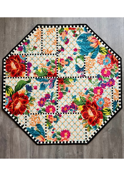 Mira 886 Beyaz Çiçekli Floret Damalı Sekizgen Halı fiyatları