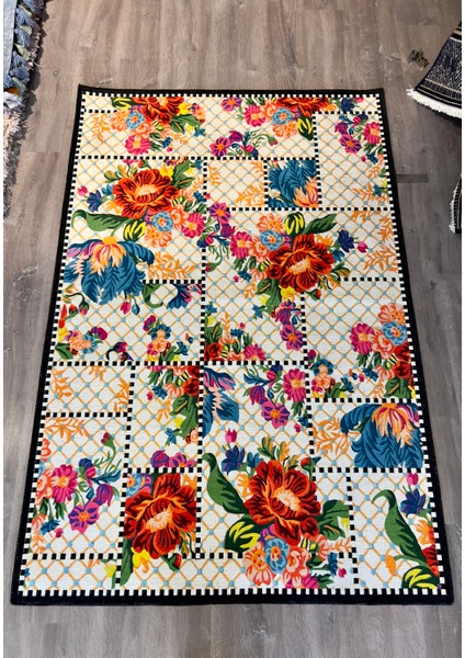 Mira 887 Siyah Beyaz Çiçekli Floret Damalı Halı