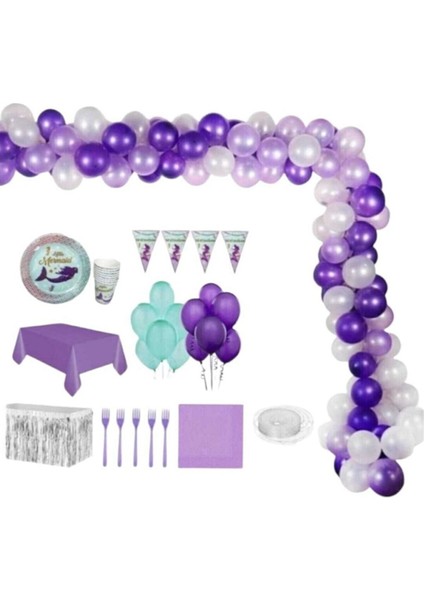Mini Party Store Deniz Kızı 8 Kişilik Lüks Hazır Doğum Günü Parti Seti