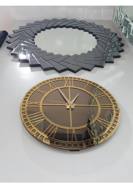 Golden Roma Bronze Model Altın Bronz Renk 50 Cm Dekoratif Aynalı Duvar Saati