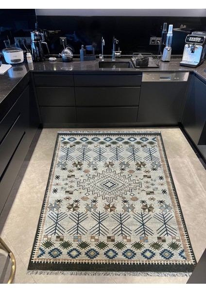 cotton 568 Etnik Haki Bej Saçaklı Etnik Dokuma Taban Kilim