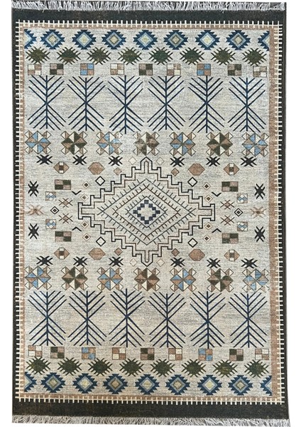 cotton 568 Etnik Haki Bej Saçaklı Etnik Dokuma Taban Kilim