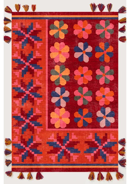 Rugs Modern Mira 567 Etnik Çiçek Temalı Saçaklı Etnik Dokuma Taban Kilim