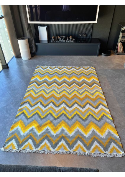 Rugs Modern Cotton 543 Sarı ve Gri Zigzag Desenli Kilim