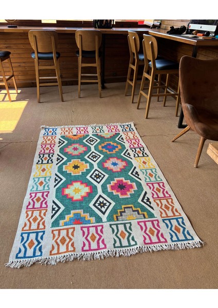 Cotton 554 Etnik Desenli Dokuma Taban Yeşil Çok Renkli Kilim fiyatları