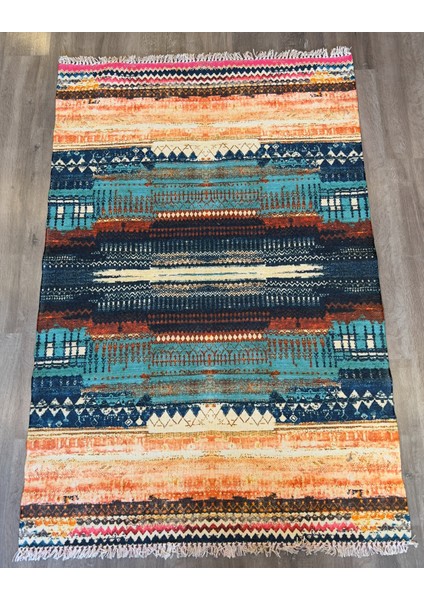 Cotton 550 Turkuaz Turuncu Desenli Çift Taraflı Çok Renkli Kilim