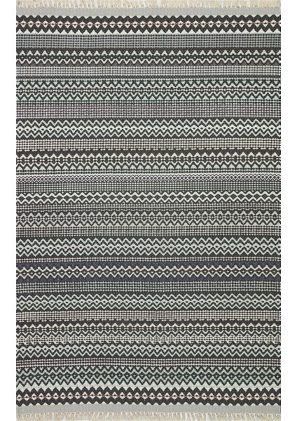 Cotton 3209 Alr Siyah Beyaz Etnik Saçaklı Kilim