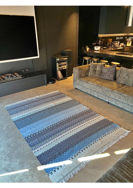 Cotton 545 Mavi ve Lacivert Çok Renki Dokuma Taban Kilim fiyatları