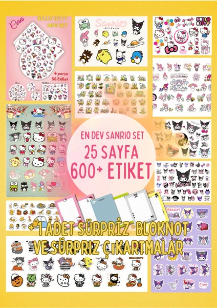 En Dev Sanrio Sticker Seti Hello Kitty Keroppi Kuromi My Melody 25 Sayfa 600+ Etiket ve 1 Bloknot