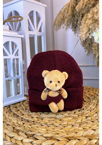 Genç Peluş Ayıcıklı Bere Bordo SBT81
