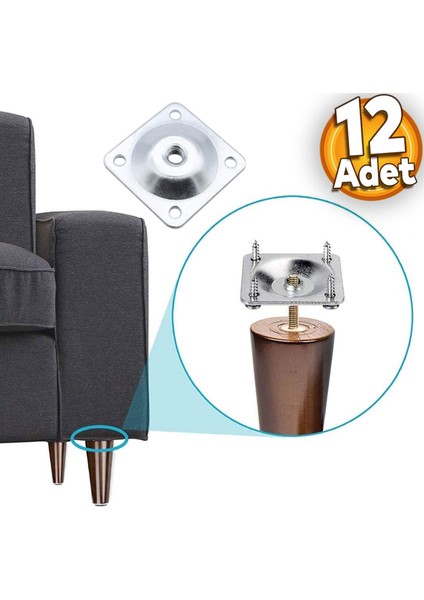Mobilya Baza Koltuk Zigon Ayağı Metal Bağlantı Aparatı Düz Ayakları Tabanı M8 Civatalı (12 Adet)