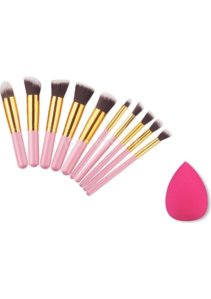 Pro 10 Adet Makyaj Fırçaları Set Allık Temel Kozmetik Kabuki Fırça +Toz Puf - Pembe Altın (Yurt Dışından)