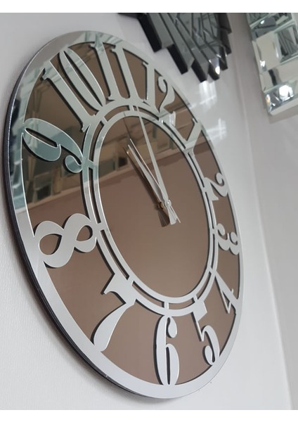 Silver Latin Bronze Model Gümüş Bronz Renk 50 Cm Dekoratif Aynalı Duvar Saati