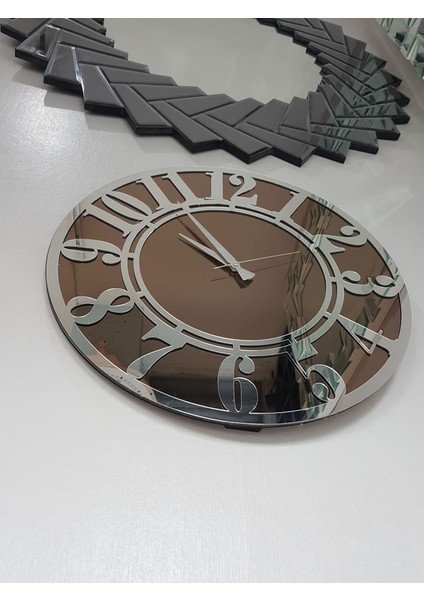 Silver Latin Bronze Model Gümüş Bronz Renk 50 Cm Dekoratif Aynalı Duvar Saati