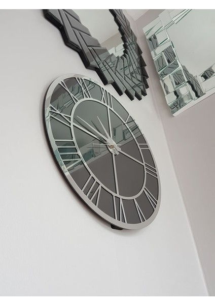 Silver Smoked Model Gümüş Füme Renk 50 Cm Dekoratif Aynalı Duvar Saati