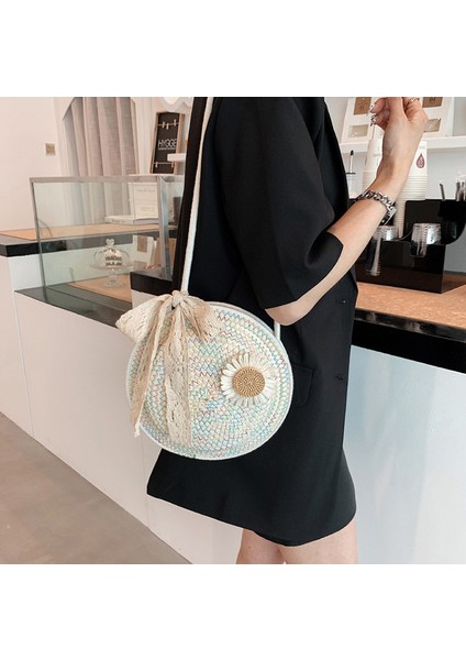 Moda Rahat Plaj Çantası, Hasır Kadın Omuz Çantası, Çevre Dostu Dokuma Eğimli Küçük Yuvarlak Çanta (Yurt Dışından)