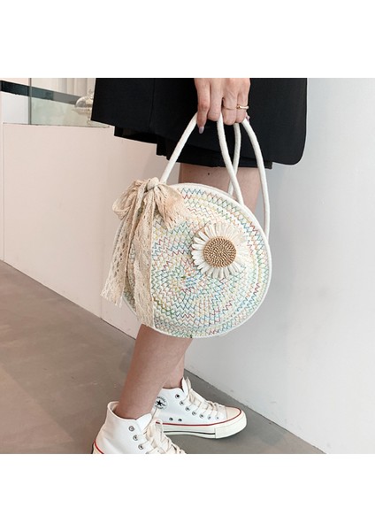 Moda Rahat Plaj Çantası, Hasır Kadın Omuz Çantası, Çevre Dostu Dokuma Eğimli Küçük Yuvarlak Çanta (Yurt Dışından)