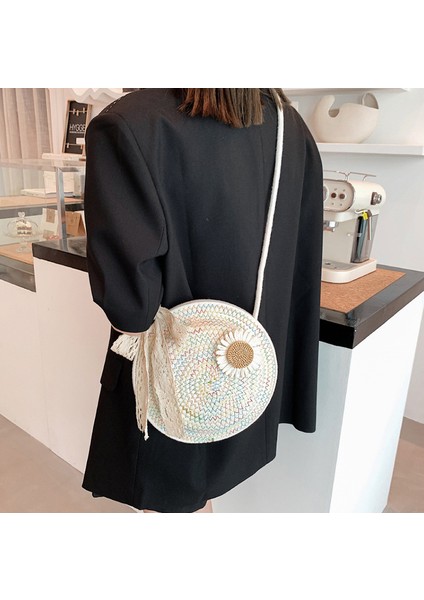 Moda Rahat Plaj Çantası, Hasır Kadın Omuz Çantası, Çevre Dostu Dokuma Eğimli Küçük Yuvarlak Çanta (Yurt Dışından)