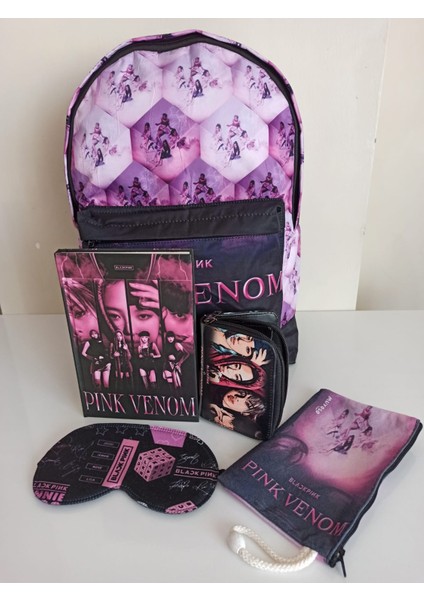 Alanç Gift Black Pink Venom Baskılı Okul Sırt Çantası, Defter, Kalemlik, Para Cüzdanı, Göz Bandı, Hediye Seti