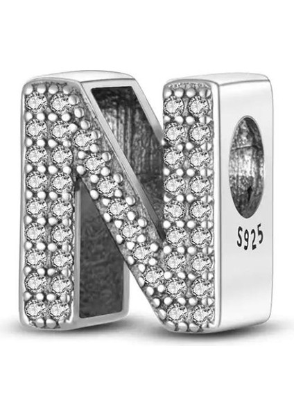 Gümüş S925 Damgalı N Harfi Zirkon Taşlı Charm
